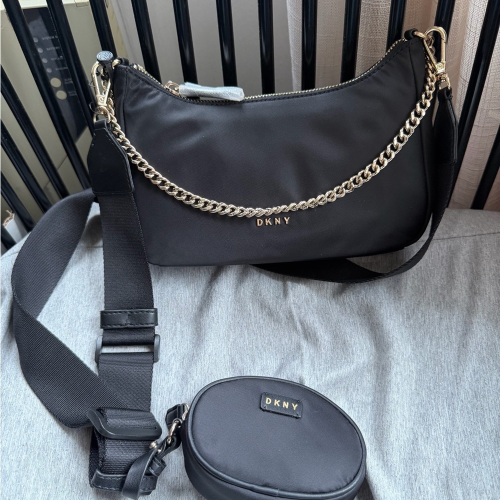 DKNY Black Shoulder Bag with Gold Accents